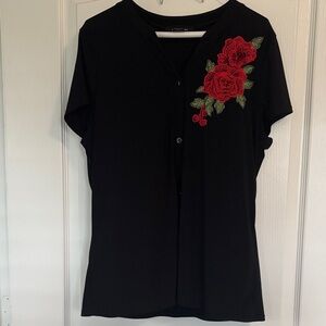 Chic Black Button Down Shirt with Red Floral Embroidery